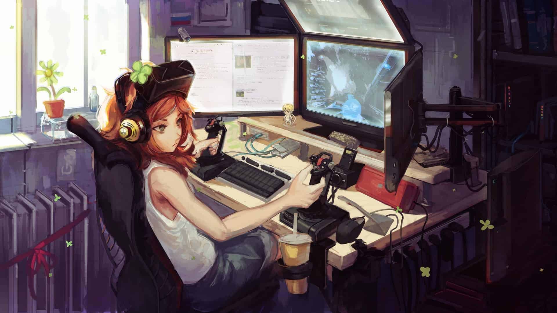 Anime Gamer Girl playing