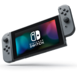 Nintendo Switch with Grey Joy-Con Controllers Angled View