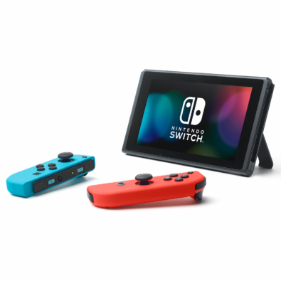 Nintendo Switch with Neon Blue and Neon Red Joy-Con Controllers Promo View
