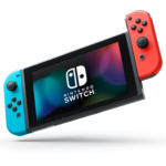 Nintendo Switch with Neon Blue and Neon Red Joy-Con Controllers Angled View