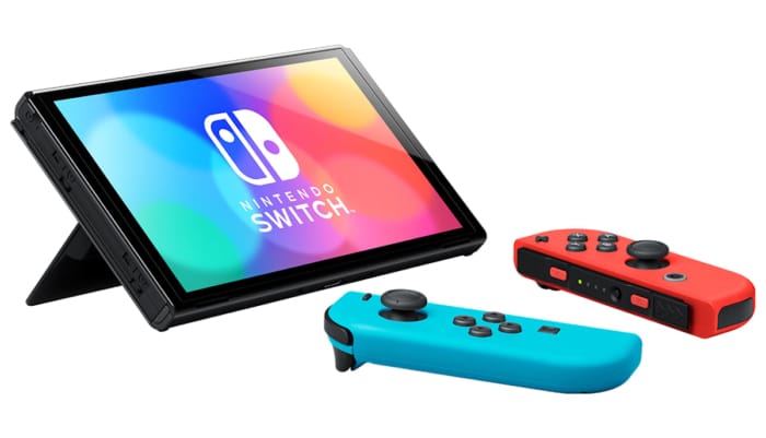 Nintendo Switch OLED - Neon Blue & Neon Red Stand View