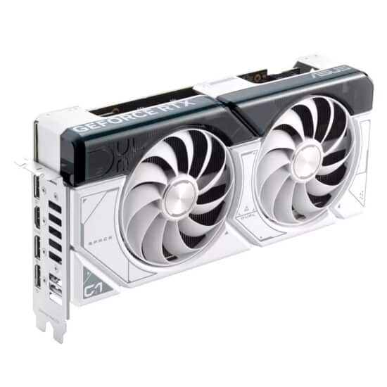 ASUS DUAL NVIDIA RTX4070 SUPER OC White Graphics Card Angled View Right