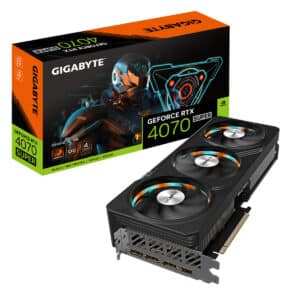 Gigabyte GAMING GeForce RTX 4070 SUPER GAMING OC Graphics Card Angled View & Box