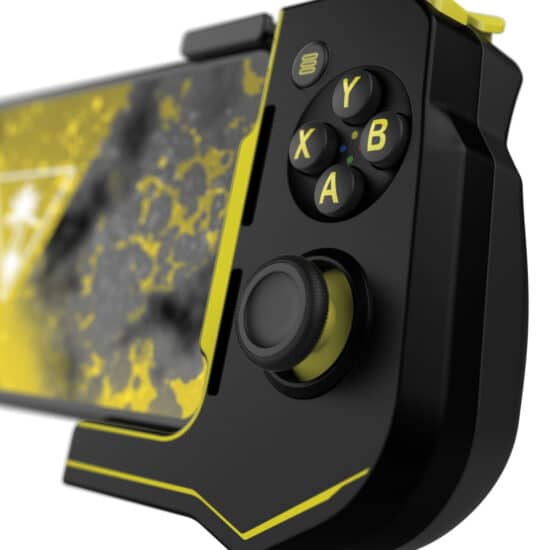 Turtle Beach Atom - Android Edition - Yellow & Black Angled View Button Closeup