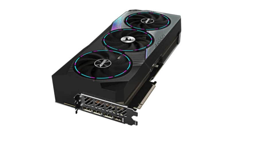 Gigabyte NVIDIA GeForce RTX 4080 SUPER AORUS MASTER 16GB GDDR6X Graphics Card Flat Angled View & Ports