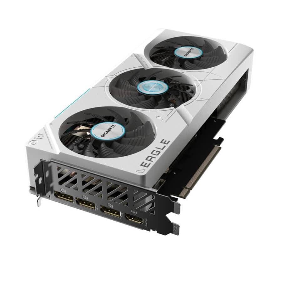 Gigabyte NVIDIA GeForce RTX 4070 SUPER EAGLE ICE OC 12GB GDDR6X Graphics Card Flat Angled View & Ports