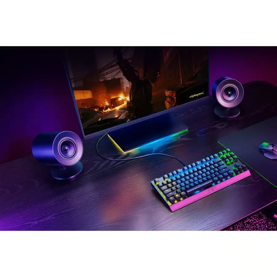 More About Razer - Nommo V2 X Speakers - Black Front Angled View Set Up